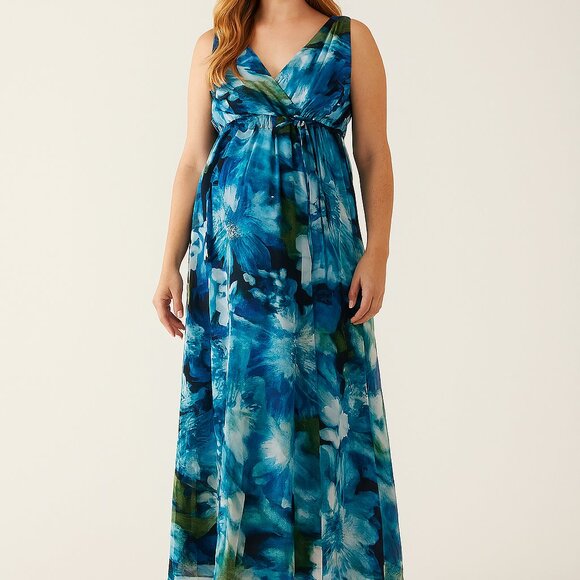 Motherhood Floral Maxi Dress M V Neck Blue Green Watercolor Summer‎ Sundress - Picture 1 of 9